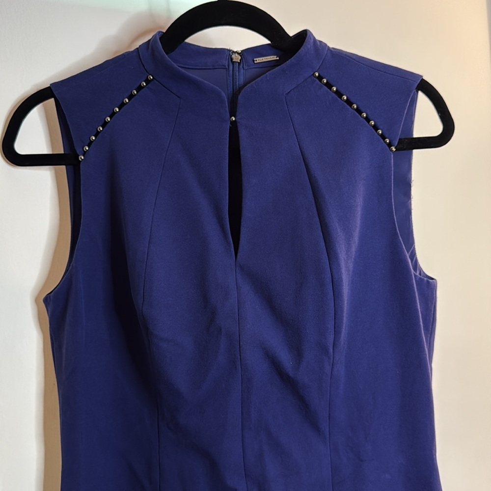 Ellie Tahari Navy Mandarin Collar Embellished